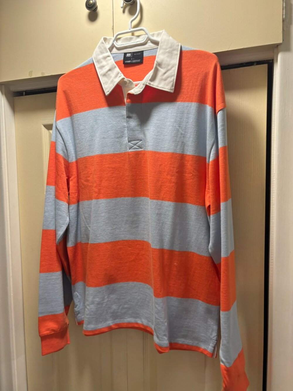Le 31 Simons Rugby Shirt Organic Cotton Orange Blue Stripe Size Large